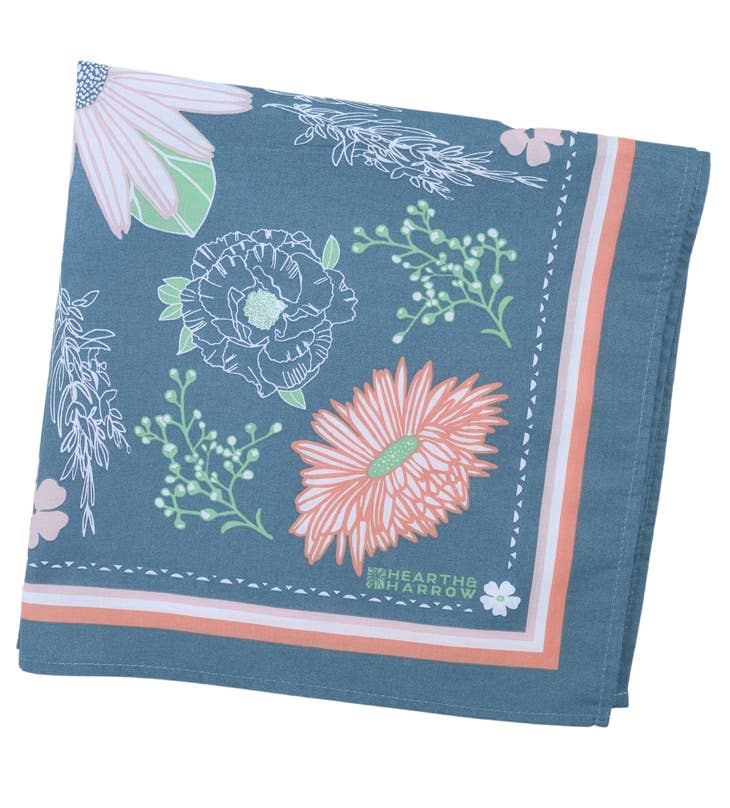 Calendula Blossom Bandana - 100% Cotton - Hand Printed Blue