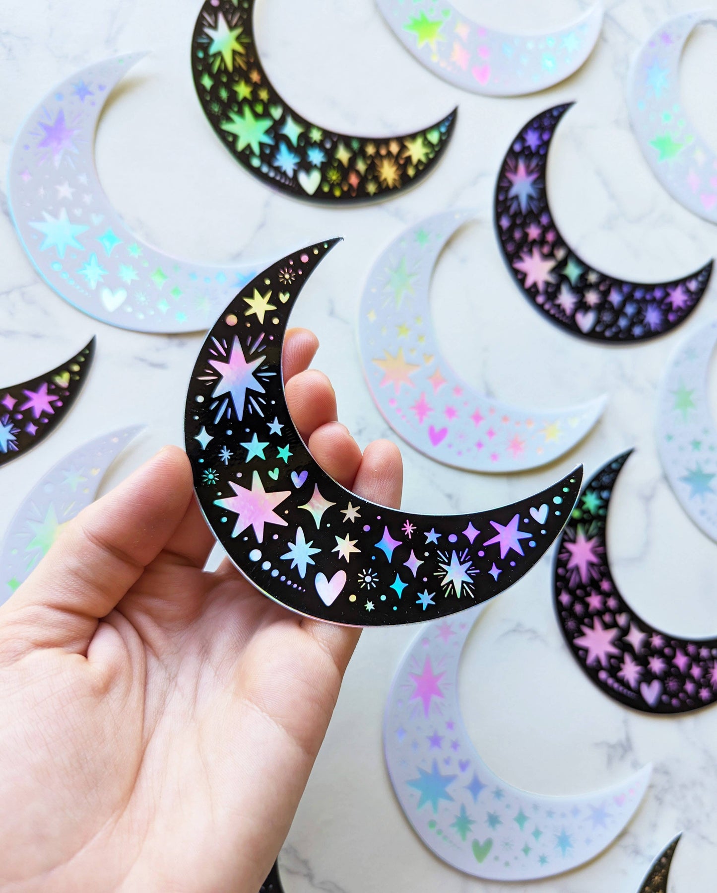 Holographic Crescent Moon & Stars Black Sticker