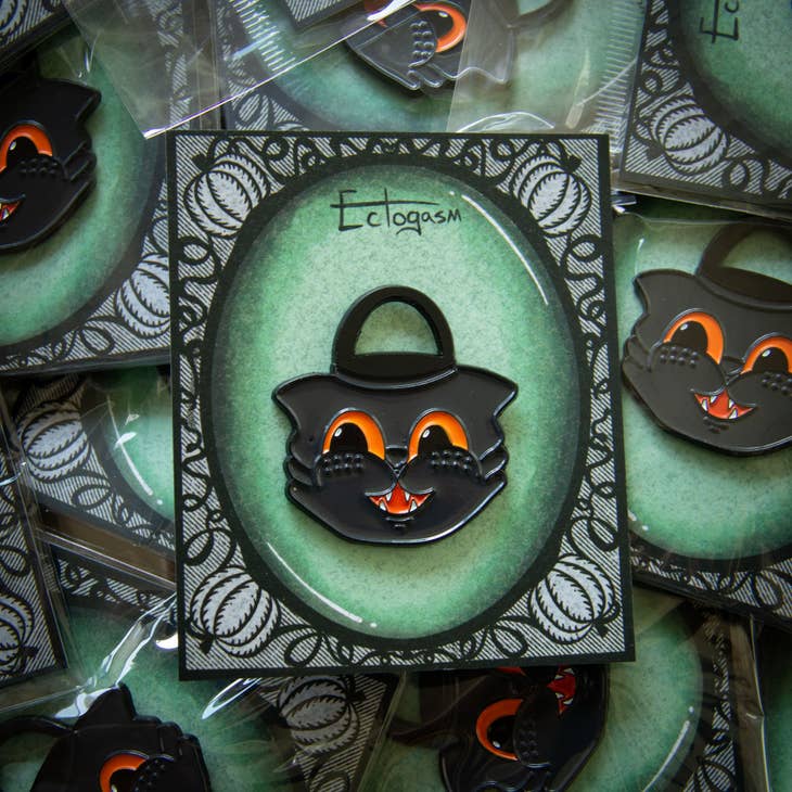 Vintage Halloween Black Cat Trick or Treat Bucket Enamel Pin