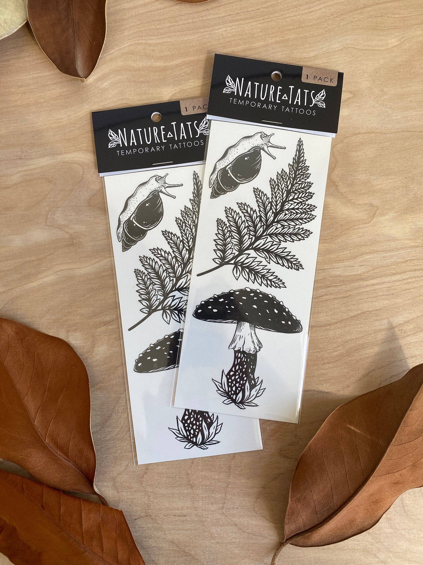 Amanita Mushroom, Fern, Snail Temporary Tattoo: 1 Pack