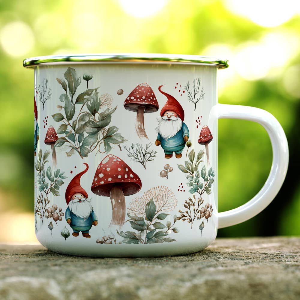 Woodland Mushroom Gnome Enamel Camp Mug, 16 oz