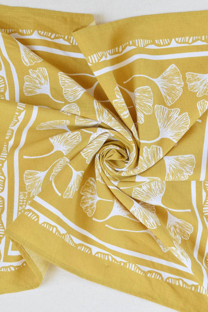 Ginkgo Leaf Bandana - 100% Cotton - Hand Printed - Yellow