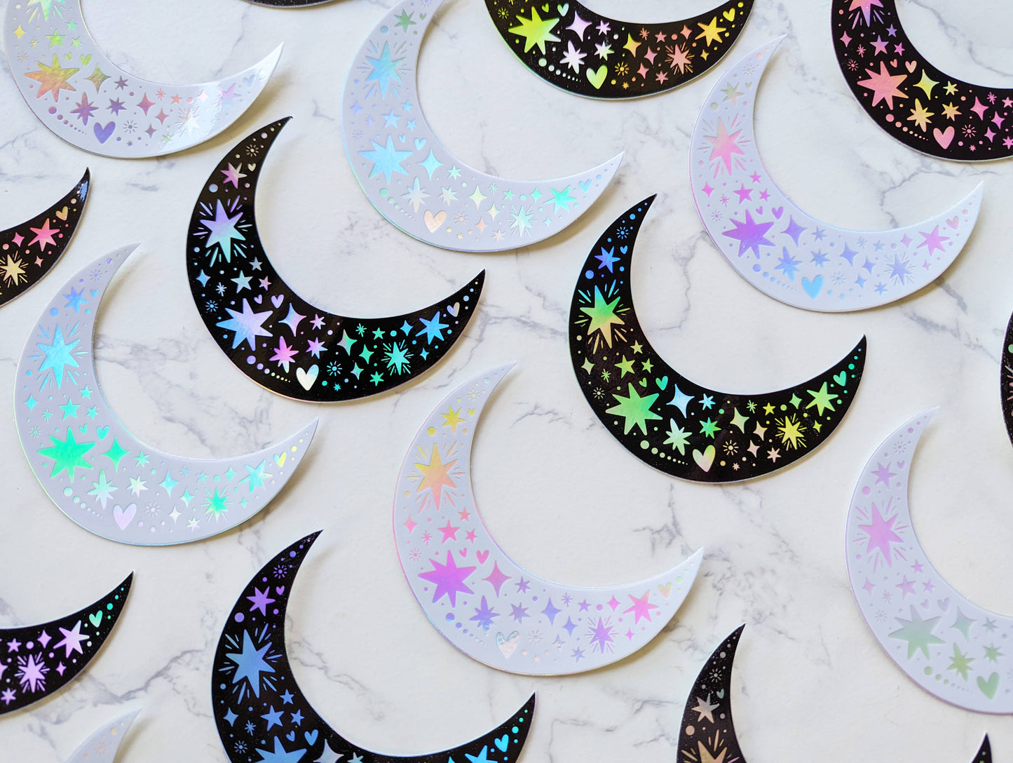 Holographic Crescent Moon & Stars Black Sticker