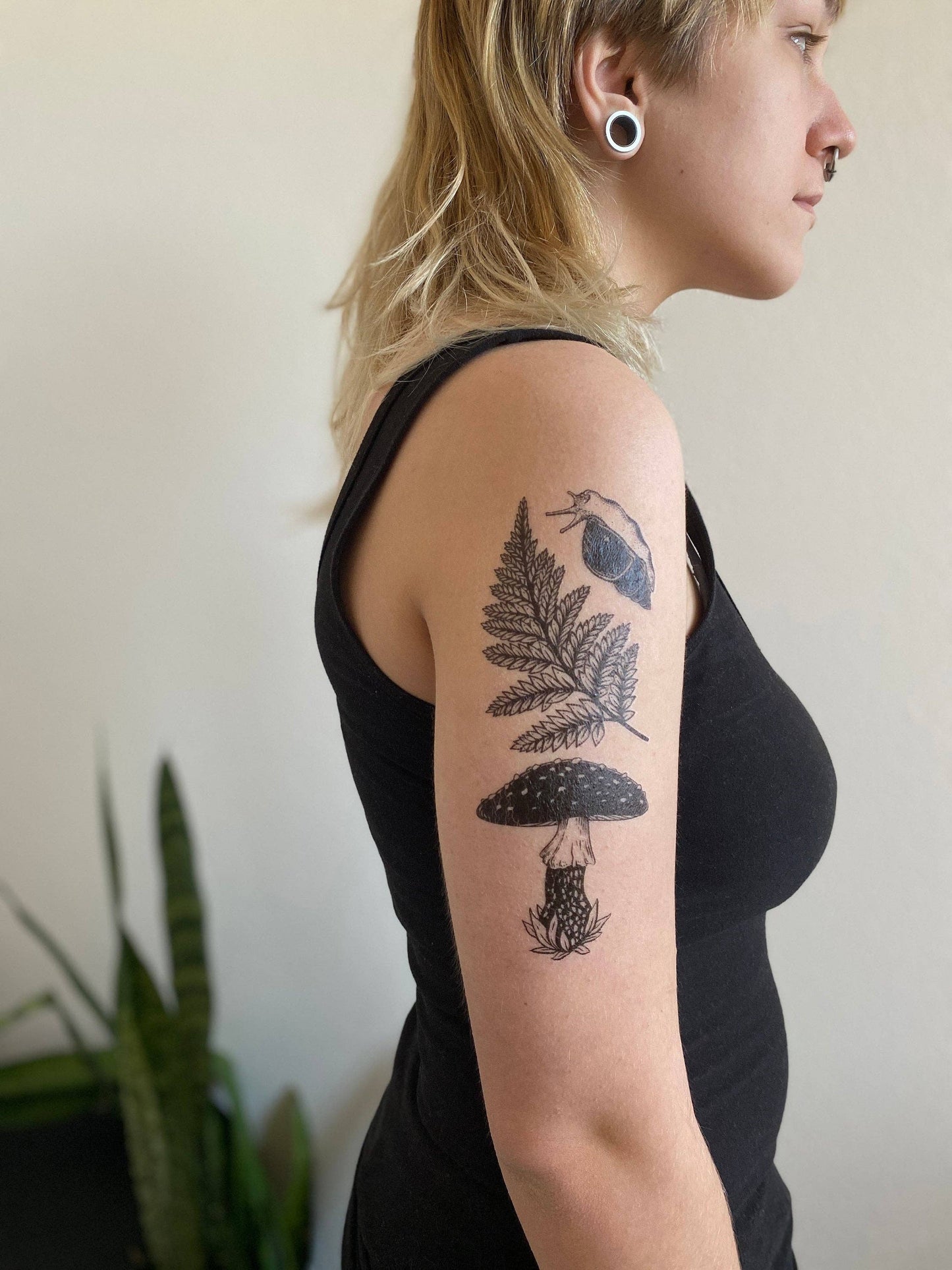 Amanita Mushroom, Fern, Snail Temporary Tattoo: 1 Pack