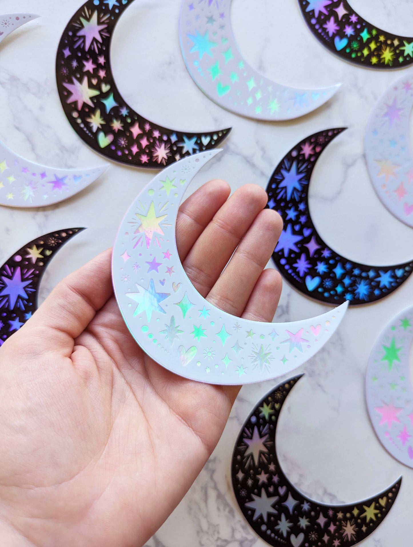 Holographic Crescent Moon & Stars Black Sticker