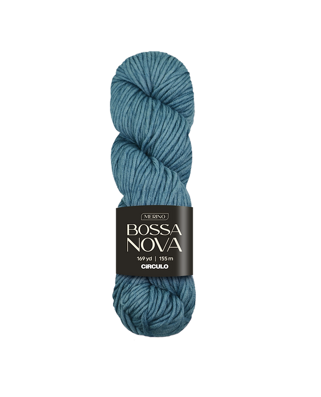 Blue skein of yarn with a 'Bossa Nova' label on a white background