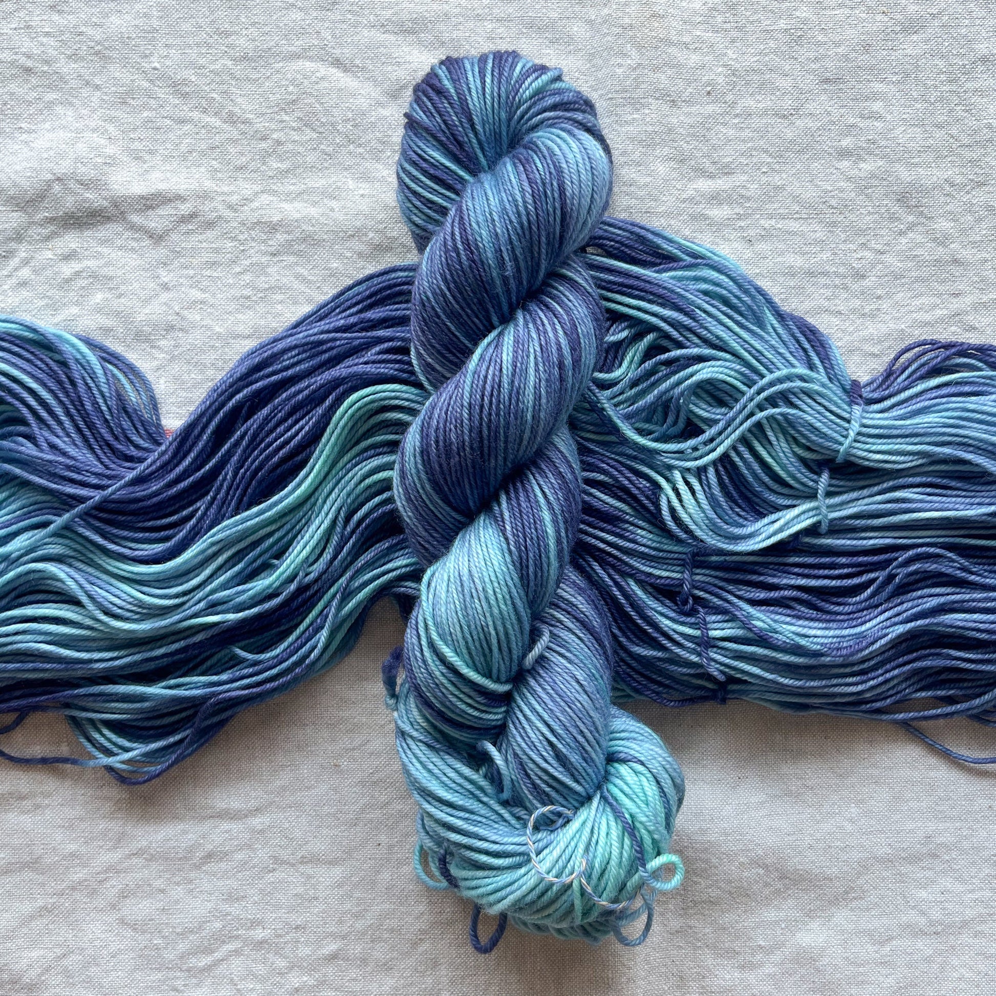 A beautiful high contrast tonal blue yarn in cool icy blue and warm denim blue tones.