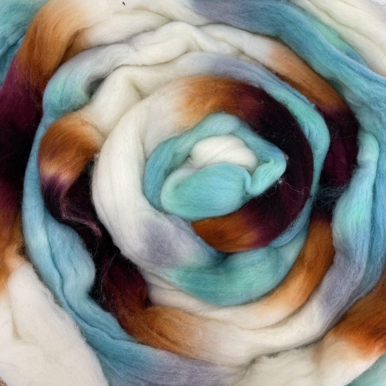 A close up of Frabjous Fibers BFL Spinning Fiber in blue, brown, and off white colors