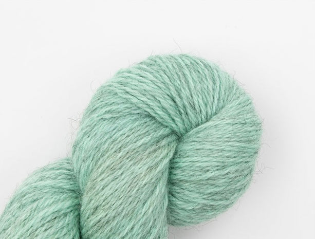 An image of a skein of worsted weight yarn in a heathered sea green color against a white background.