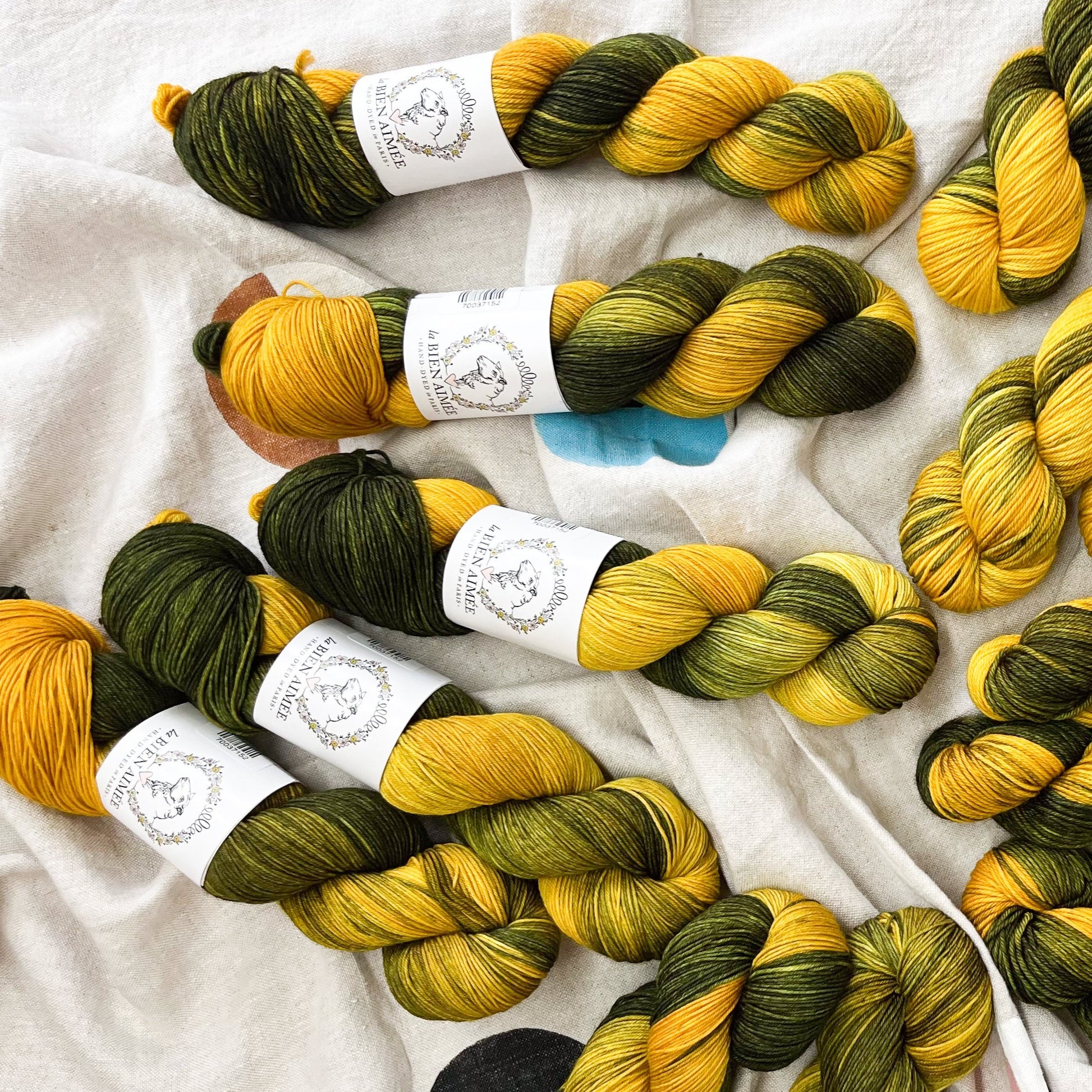 An image of multiple skeins of La Bien Aimee sock yarn in shades of dark green and yellow against a canvas background.
