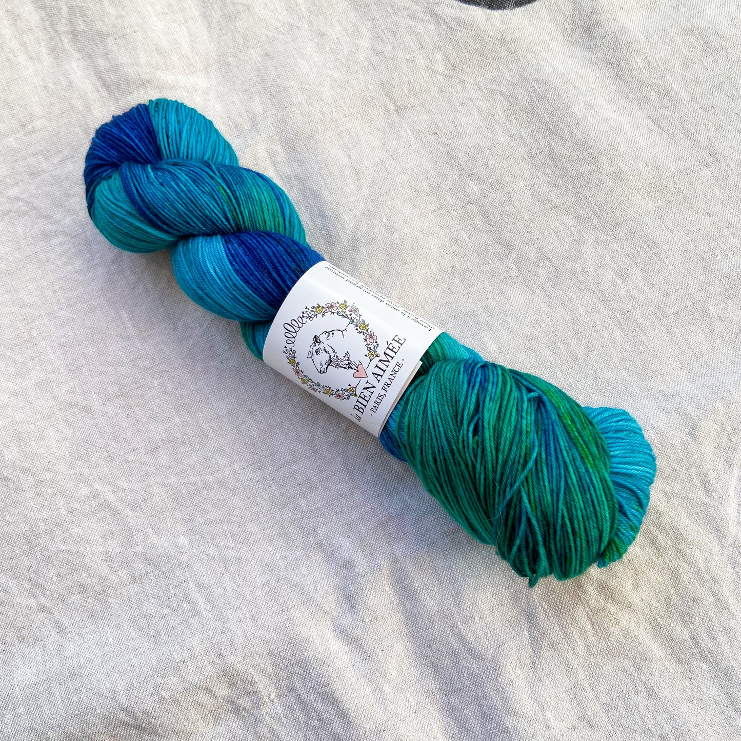 An image of a skein of sock yarn in shades of blue and green, with a white ‘La Bien Aimee’ label against a canvas background.