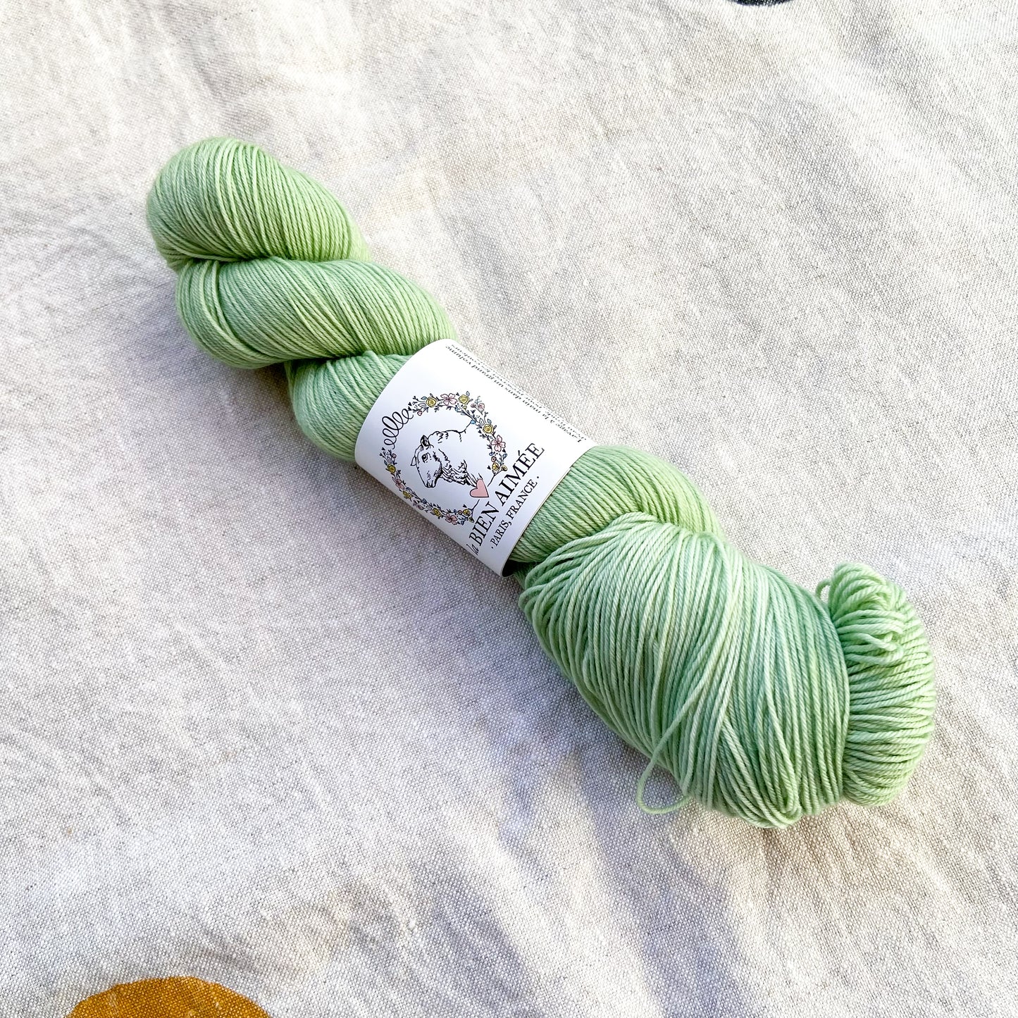 An image of a skein of sock yarn in a light green color, with a white ‘La Bien Aimee’ label against a canvas background.