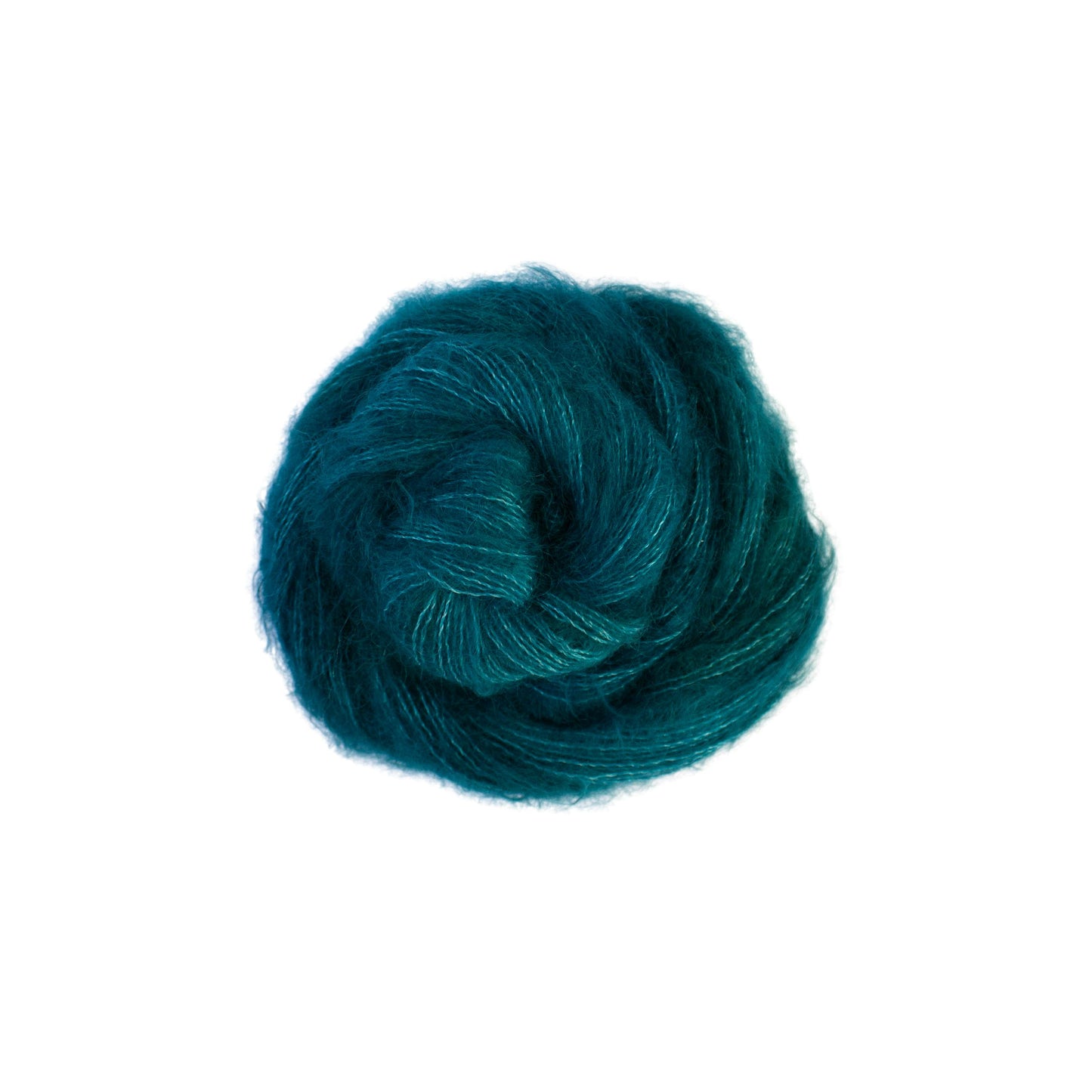 An image of a skein of Malabrigo Mohair yarn in shades of teal against a white background.