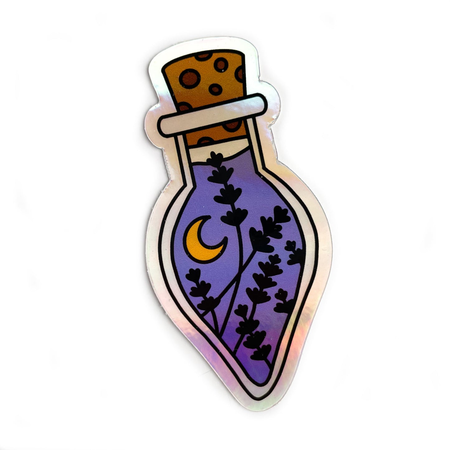 A holographic sticker in the shape of a tear drop shaped potion bottle. The bottle has a cork and is filled with purple liquid, flowers, and a crescent moon.