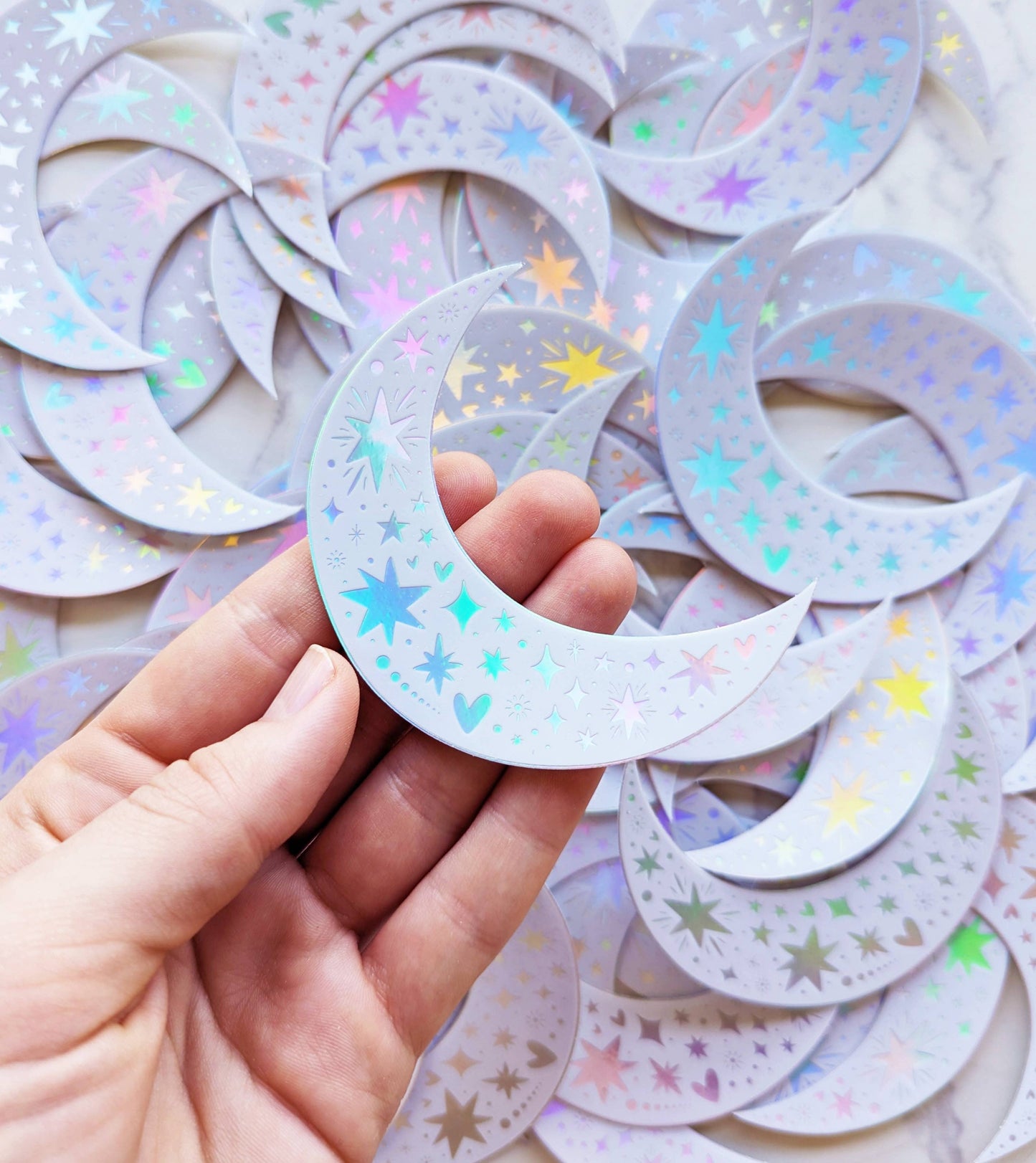 Holographic Crescent Moon & Stars Black Sticker
