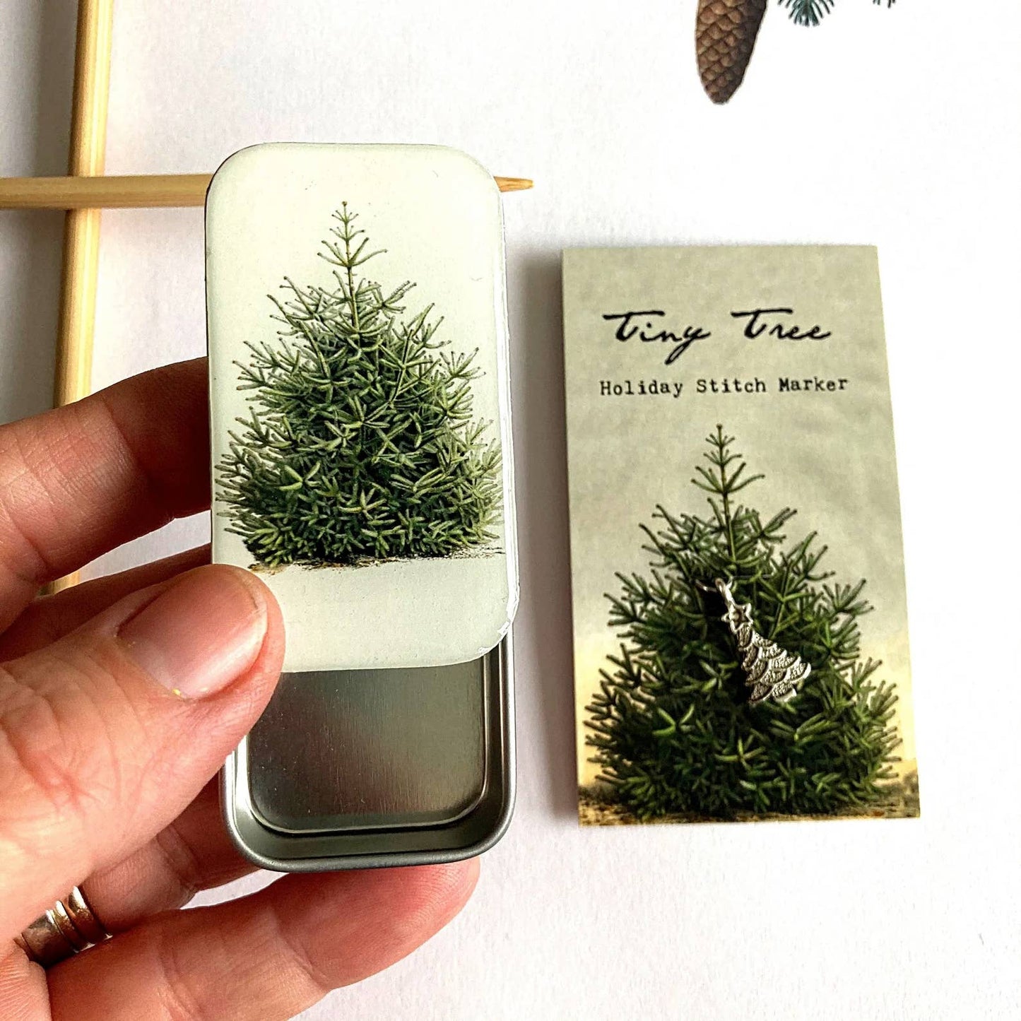 Tiny tree tin and stitch marker combo
