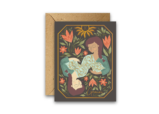 The Gemini Zodiac Garden Gold Foil Greeting Card: Single