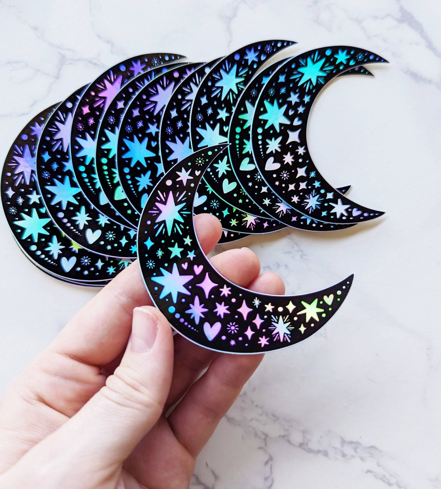 Holographic Crescent Moon & Stars Black Sticker