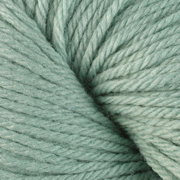 A close up of a skein of Berroco Vintage worsted weight yarn in soft light green color