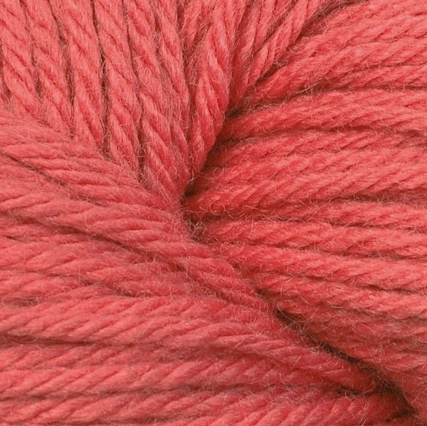 A close up of a skein of Berroco Vintage worsted weight yarn in salmon red color