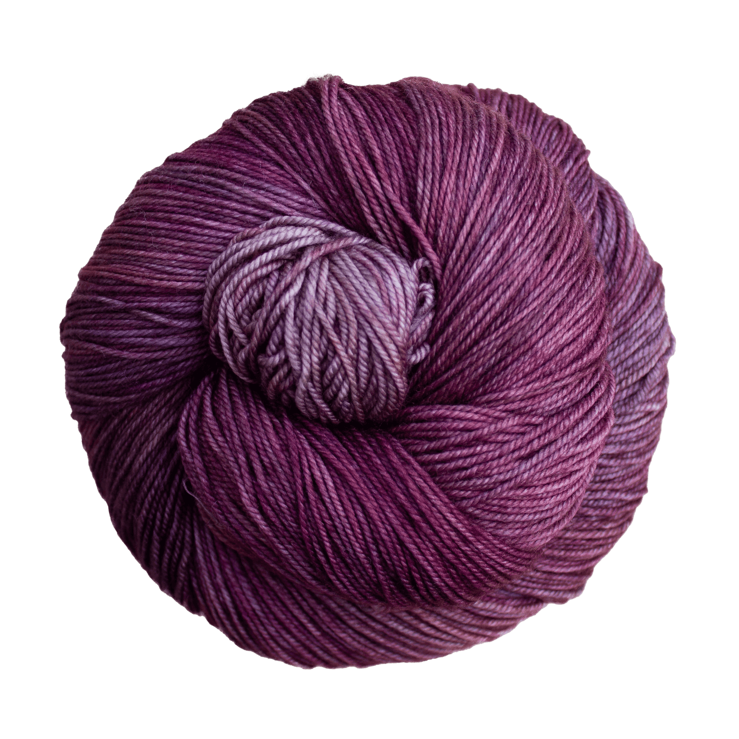 A close-up image of a skein of Malabrigo Sock yarn in shades of purple.
