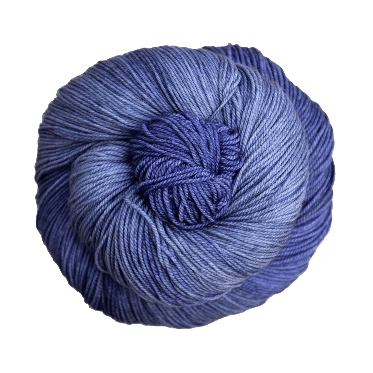 A close-up image of a skein of Malabrigo Sock yarn in shades of periwinkle blue.