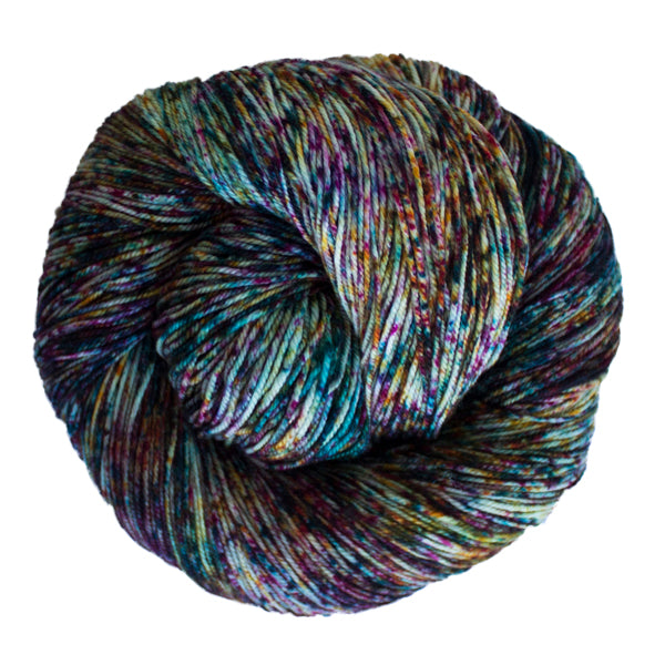 A close-up image of a skein of Malabrigo Sock yarn in a cream based with speckles of teal, pink, and yellow shades.