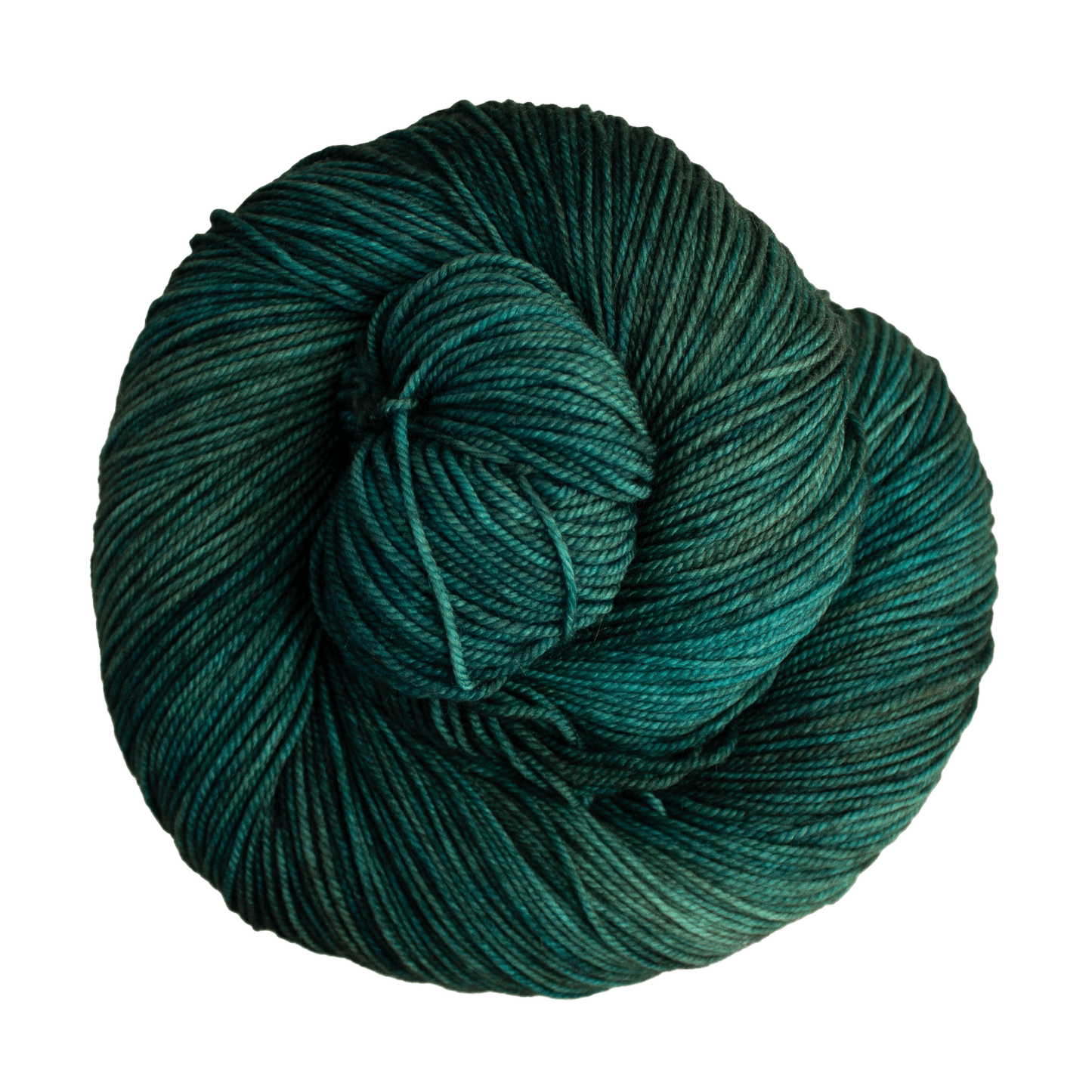 A close-up image of a skein of Malabrigo Sock yarn in a blue green color.