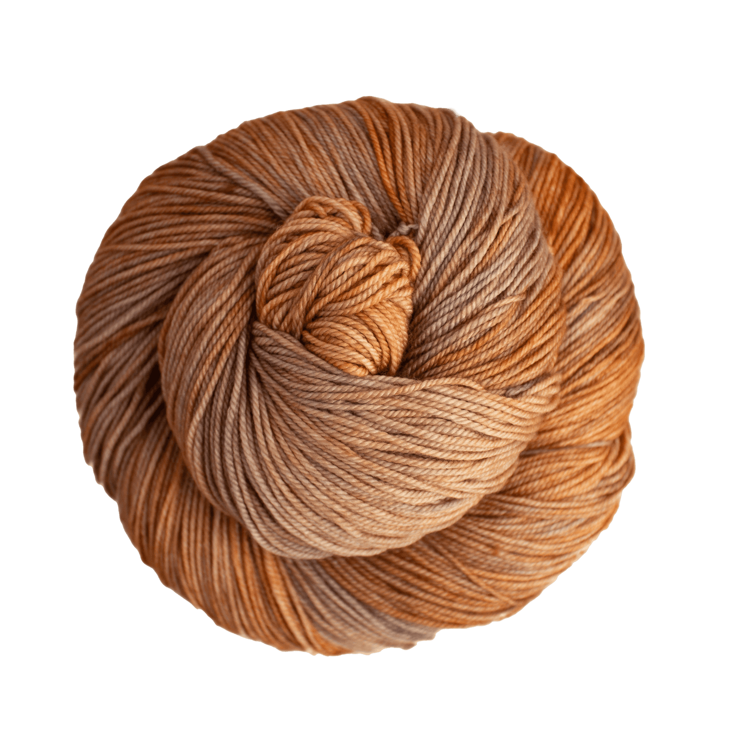 A close-up image of a skein of Malabrigo Sock yarn in shades of orange and tan.