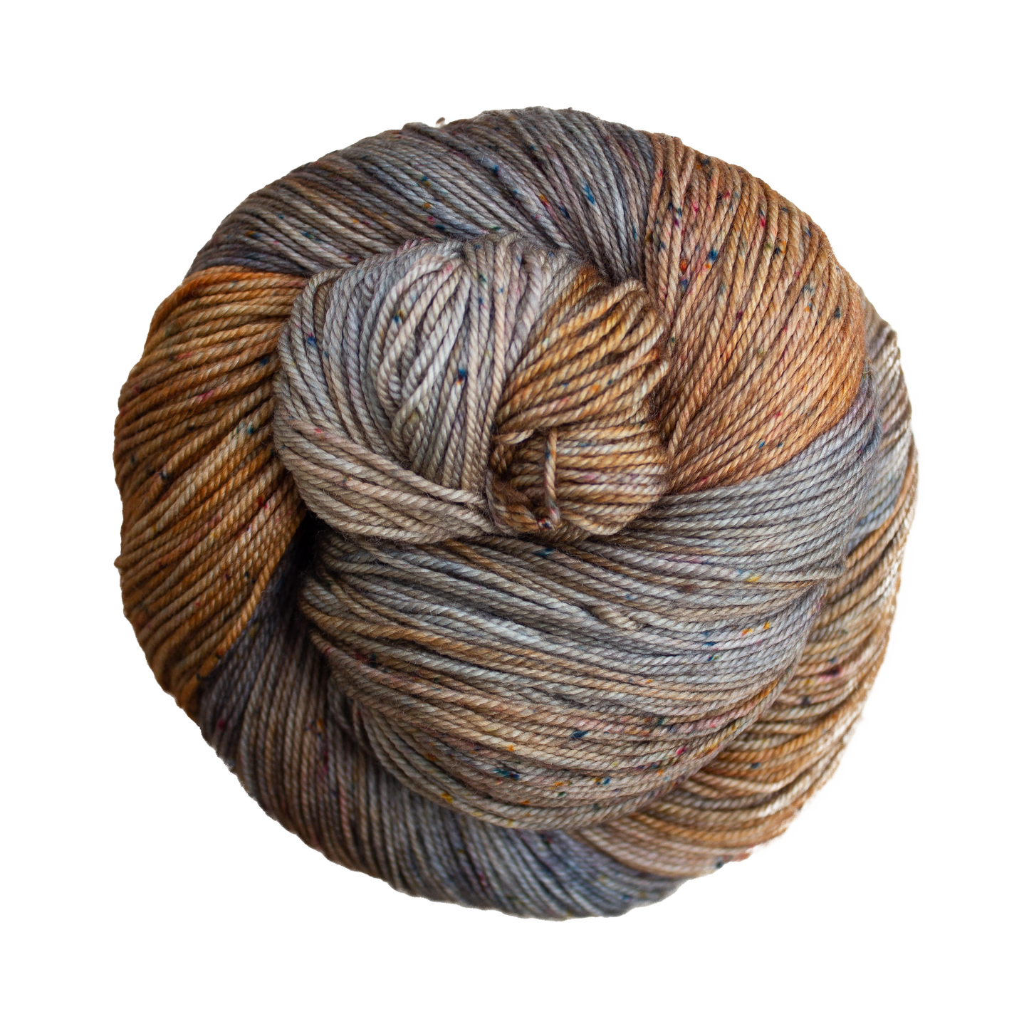 A close-up image of a skein of Malabrigo Sock yarn in shades of gray and brown with colorful speckles.
