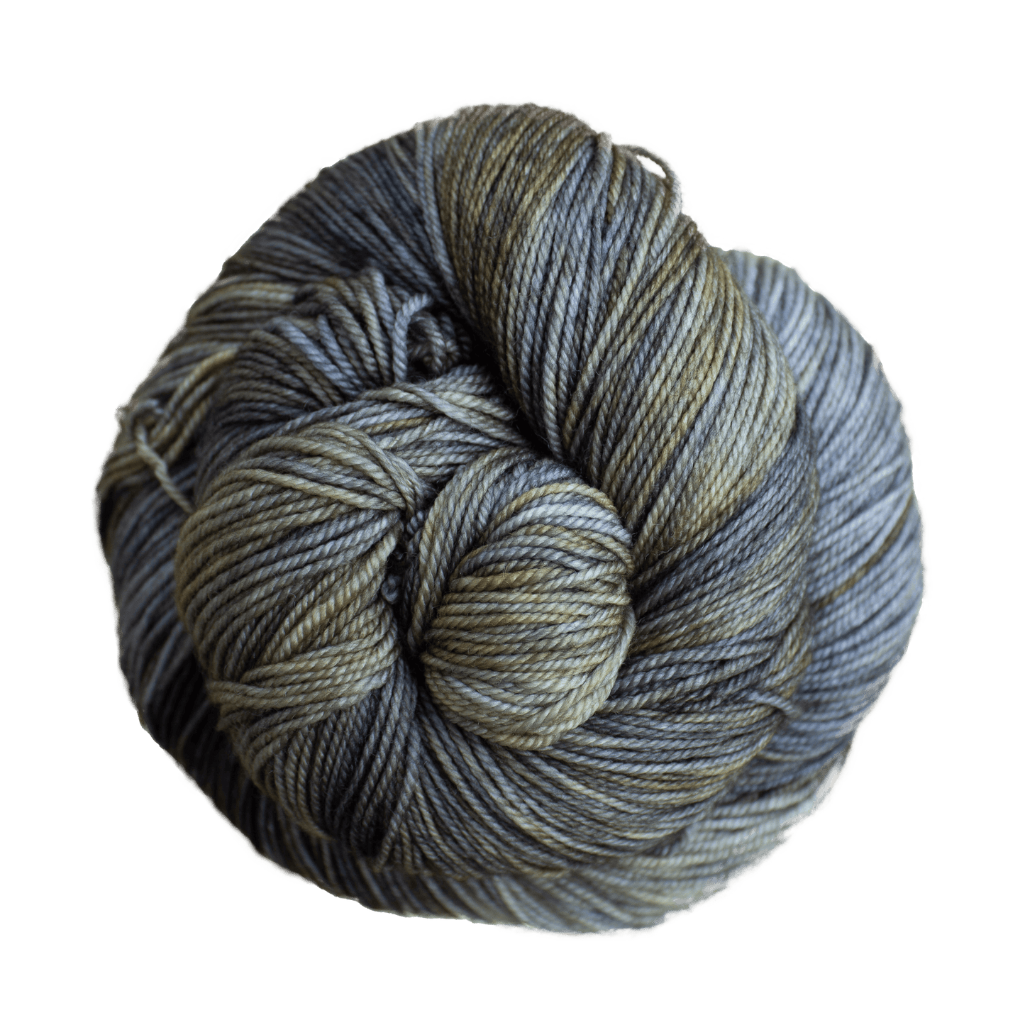A close-up image of a skein of Malabrigo Sock yarn in shades of green and gray.
