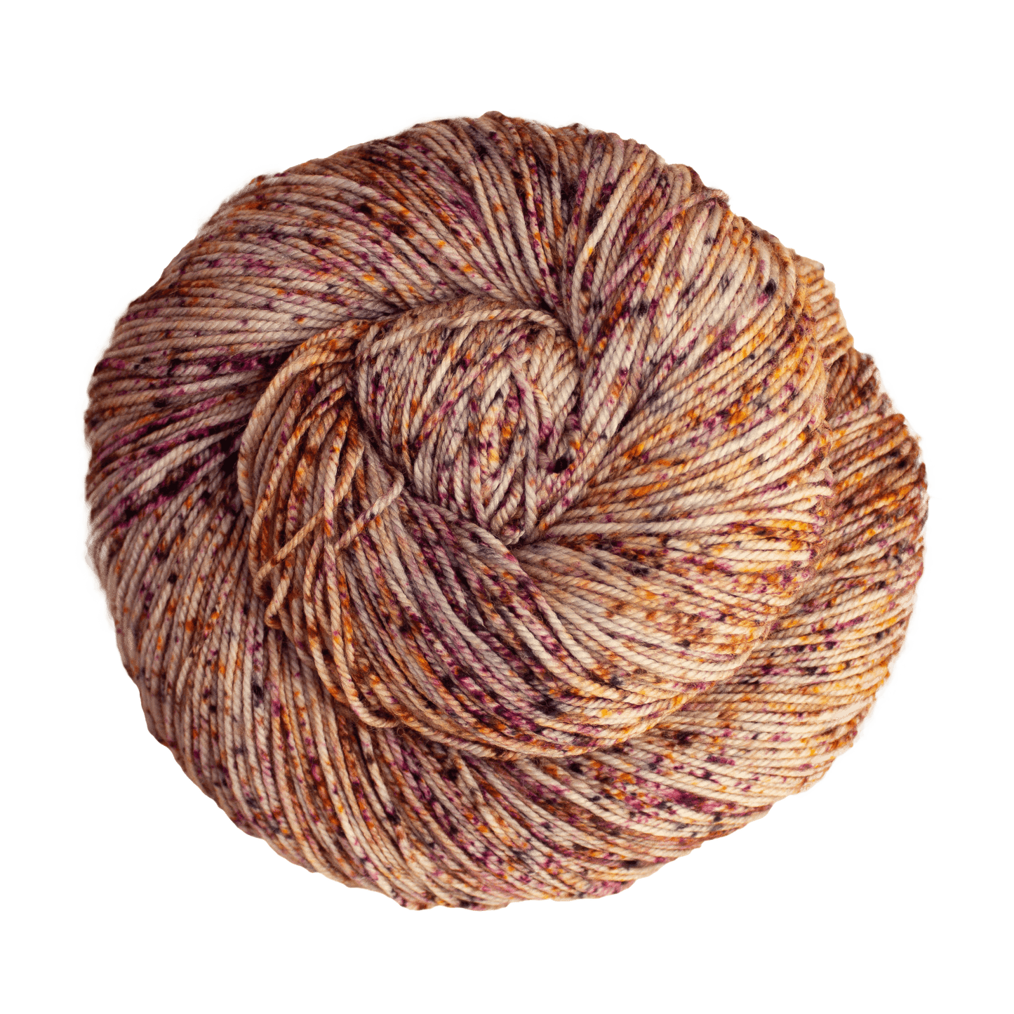 A close-up image of a skein of Malabrigo Sock yarn in a speckled pattern of pink, purple, and orange shades.