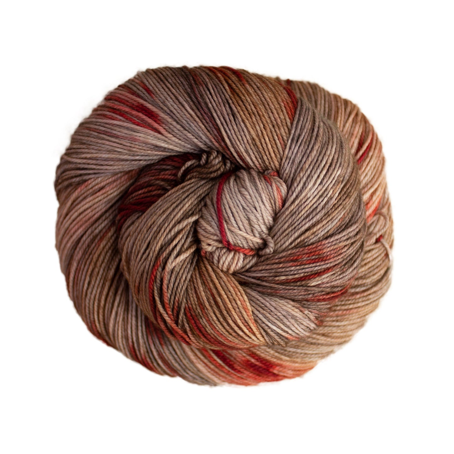 A close-up image of skeins of Malabrigo Sock yarn in light brown and red.