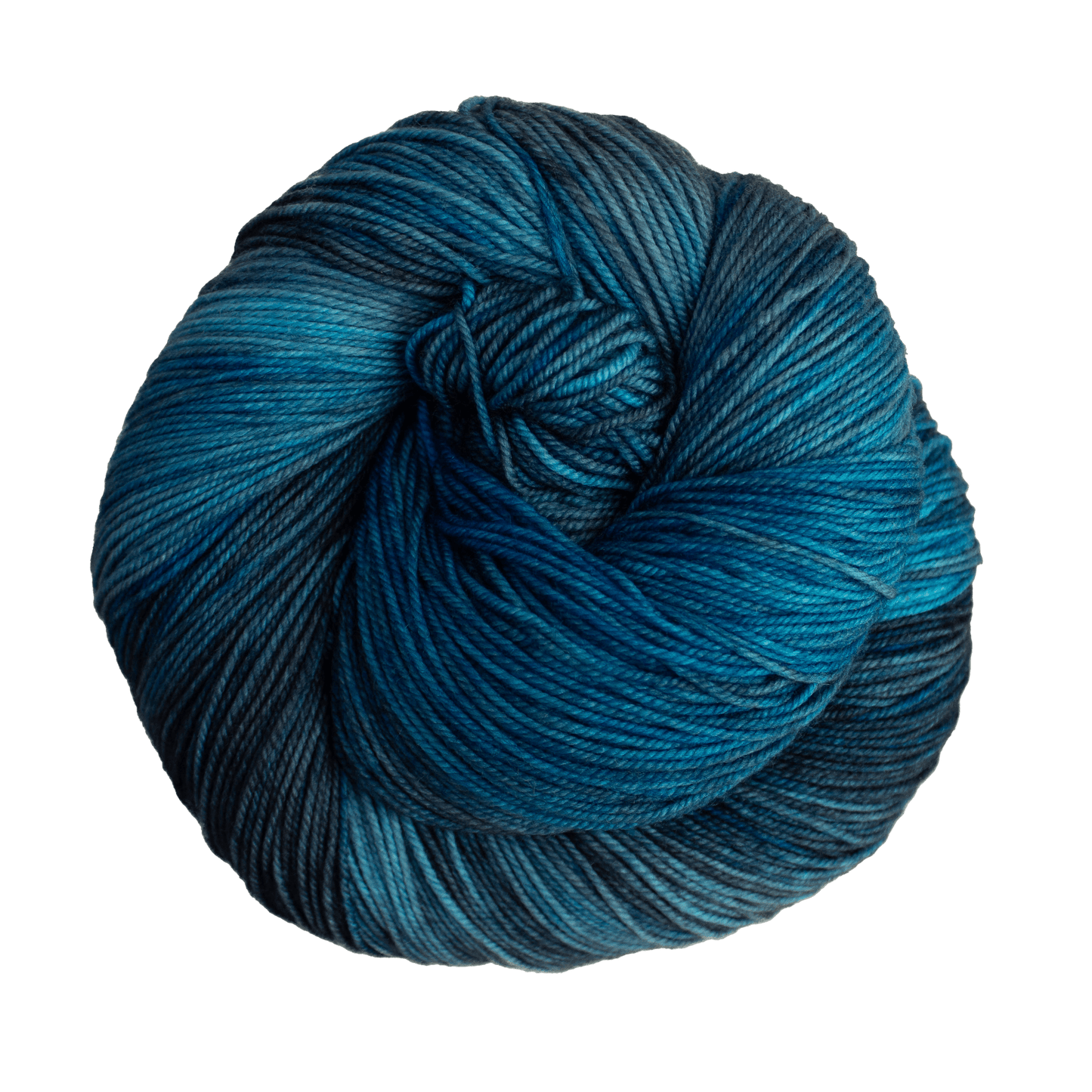 A close-up image of a skein of Malabrigo Sock yarn in shades of blue.