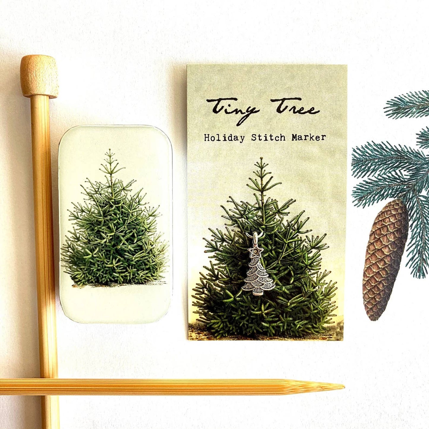 Tiny tree tin and stitch marker combo