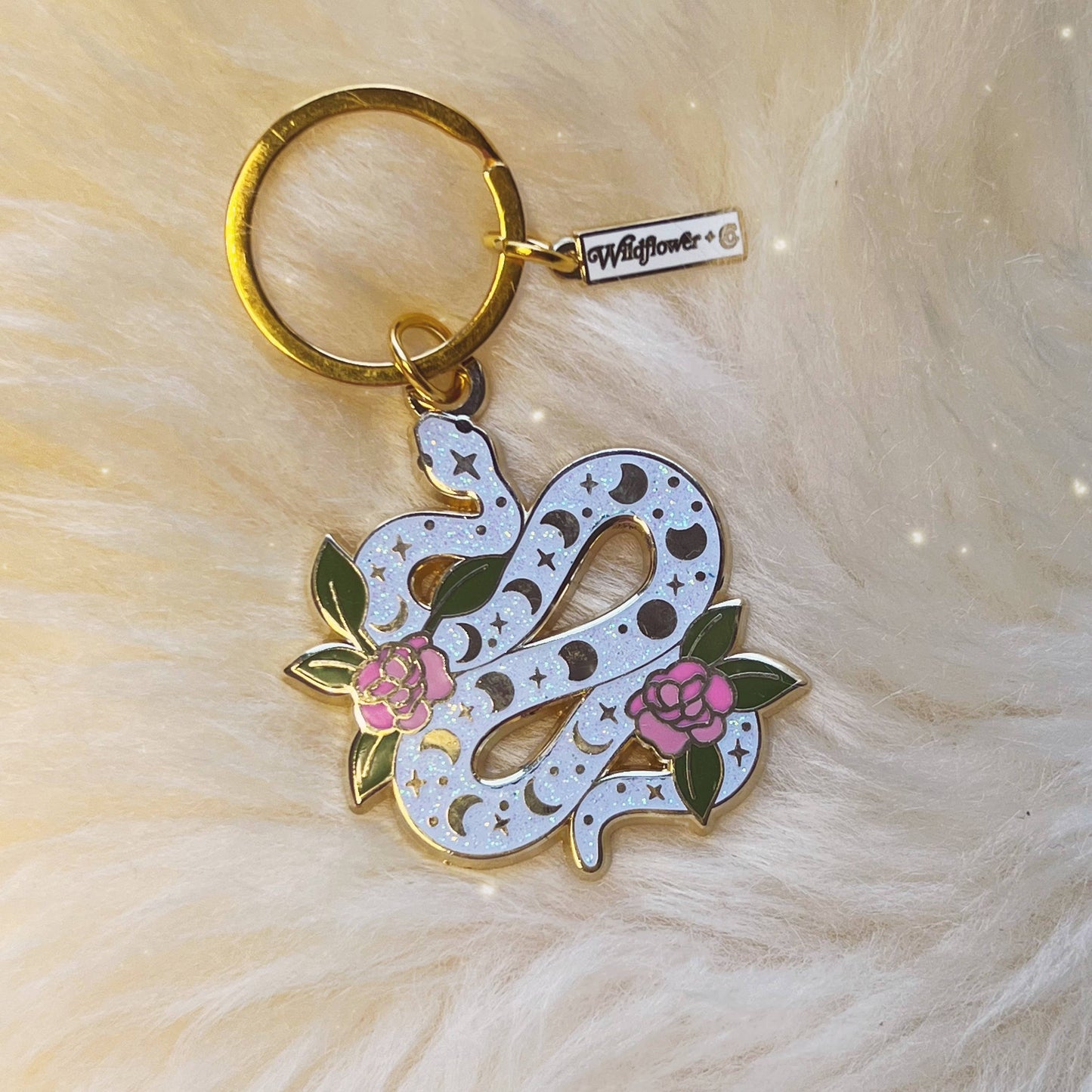 White Glitter Serpent Enamel Keychain