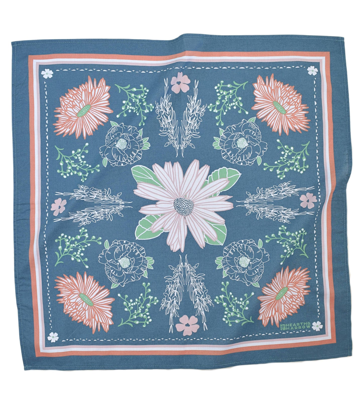 Calendula Blossom Bandana - 100% Cotton - Hand Printed Blue