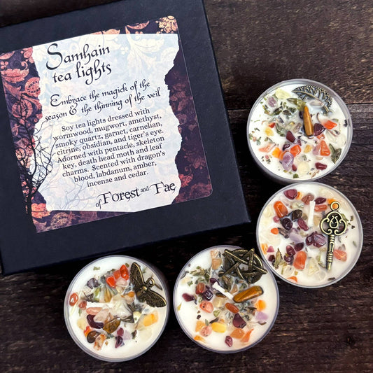 Samhain Tea Light Candle Set • Crystal & Herb Candle • Witch