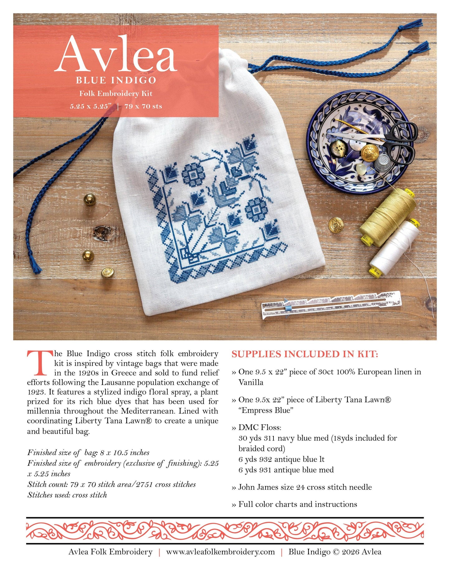 Blue Indigo Drawstring Bag Cross Stitch Kit