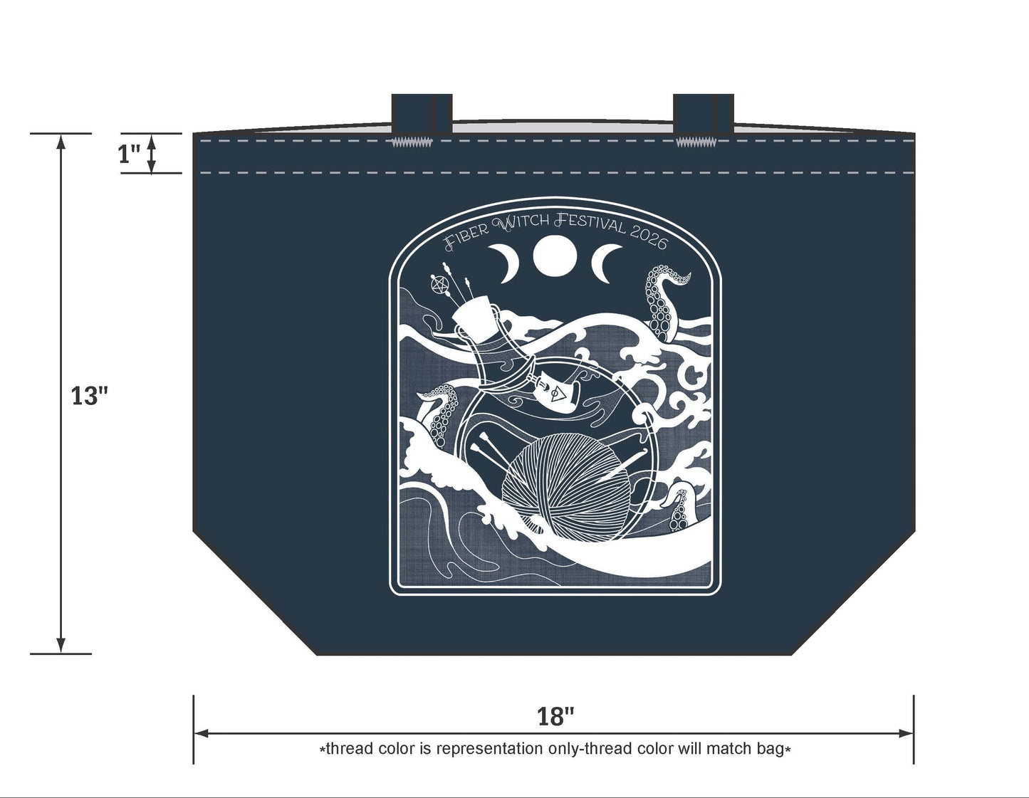 Paper proof of a tote bag design with dimensions and ink color information.