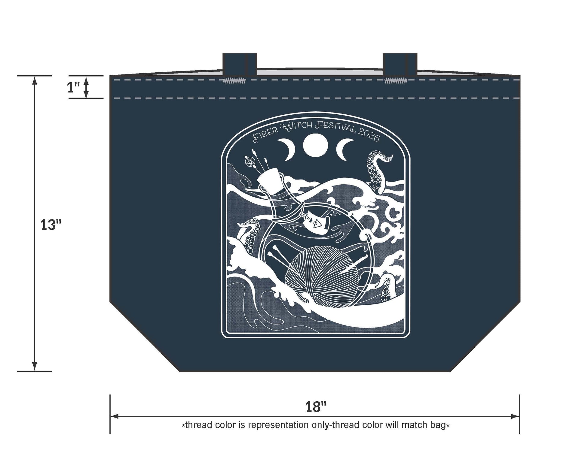 Paper proof of a tote bag design with dimensions and ink color information.