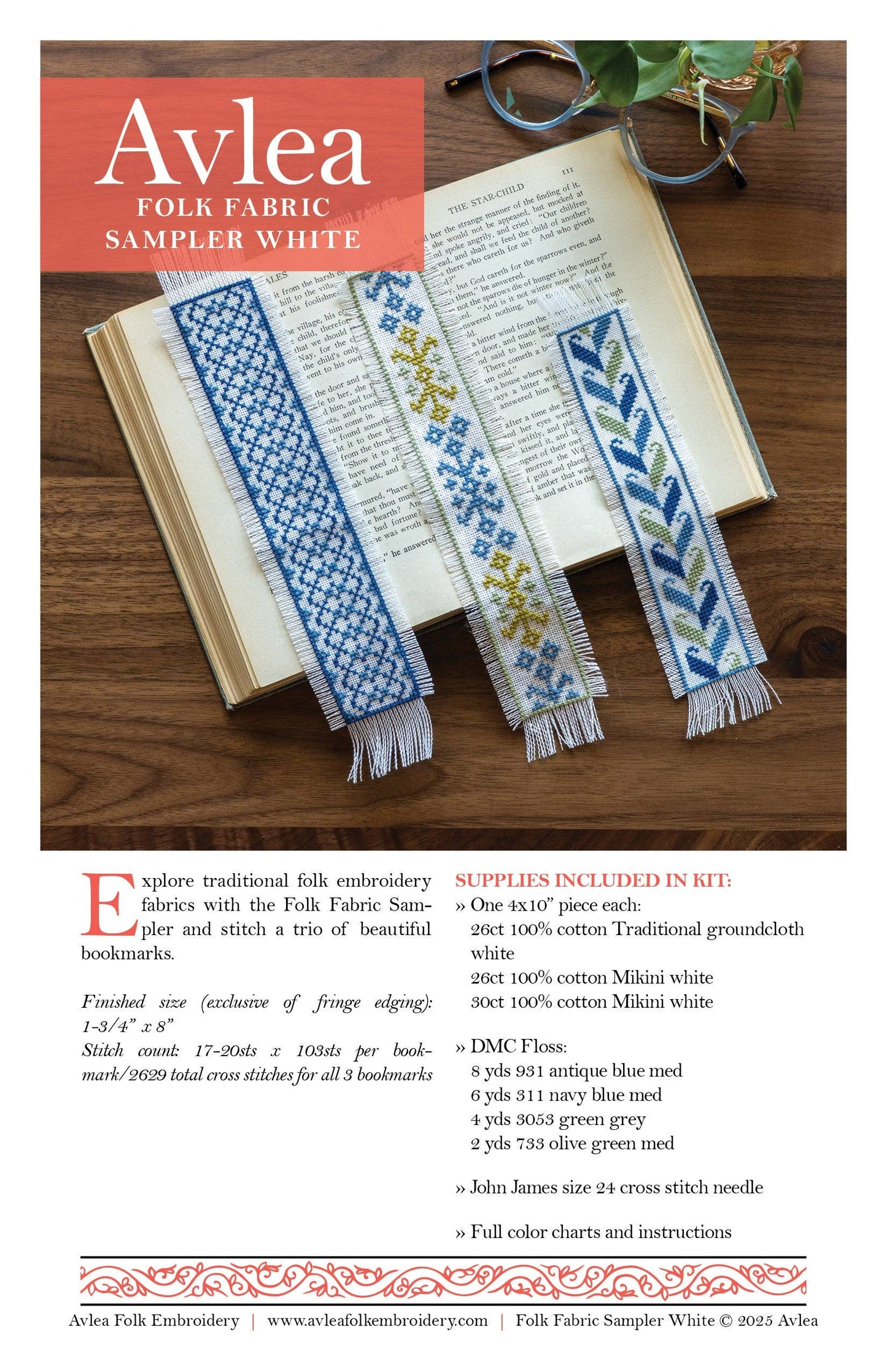 Folk Fabric Sampler Bookmarks Cross Stitch Kit - Blue and Gold