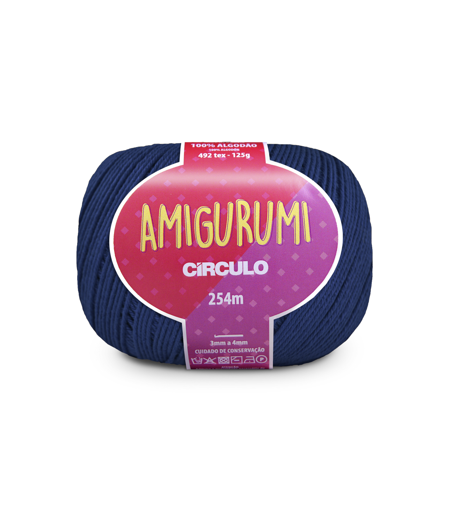 A skein of Amigurumi Circulo yarn in a deep navy blue color, featuring a pink and purple label with yellow text.