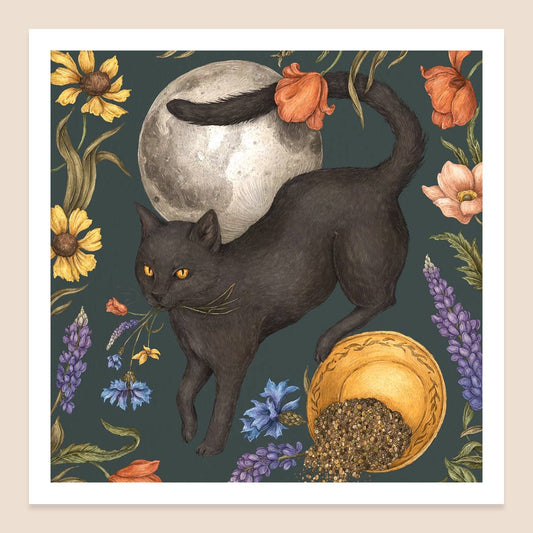 Black Cat and Full Moon Print 10" x 10"