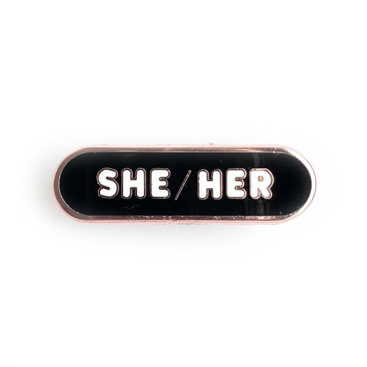 She/Her Pronoun Plaque Enamel Pin: Black