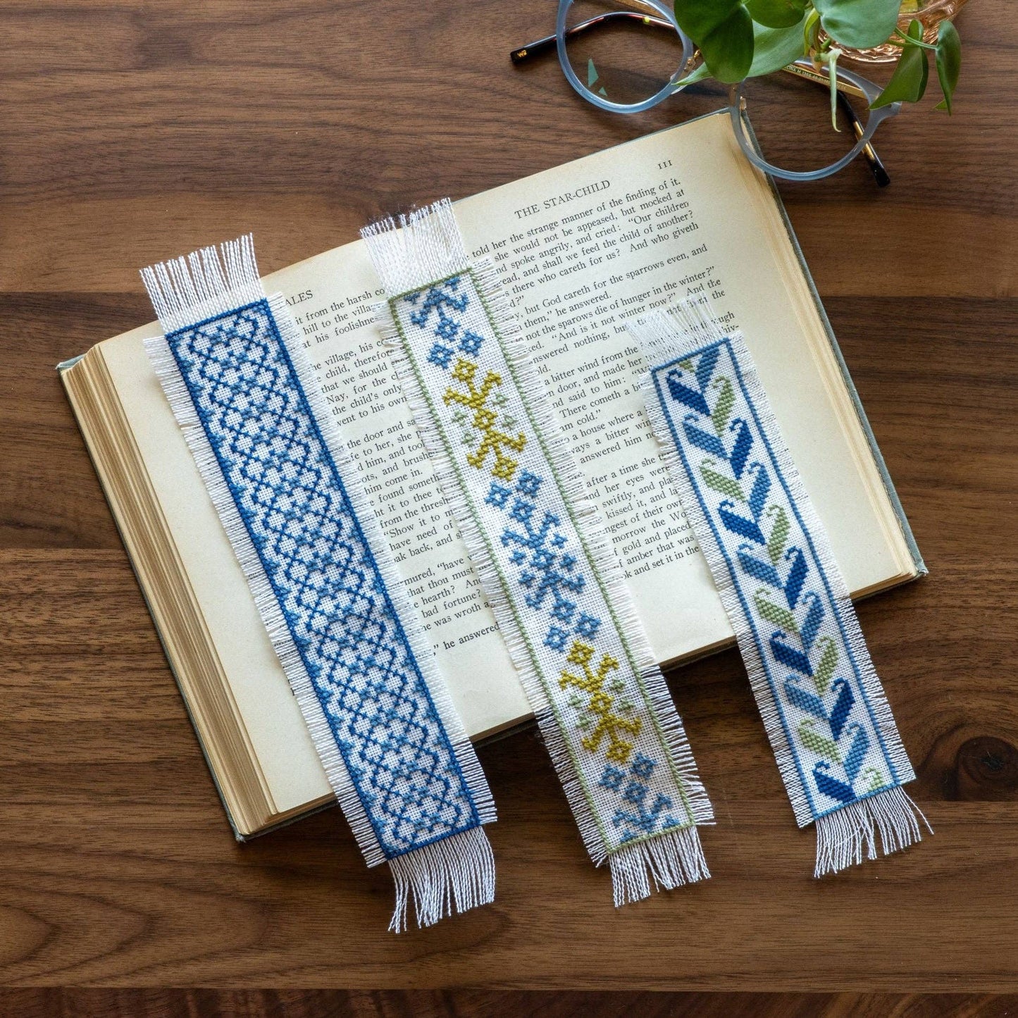 Folk Fabric Sampler Bookmarks Cross Stitch Kit - Blue and Gold