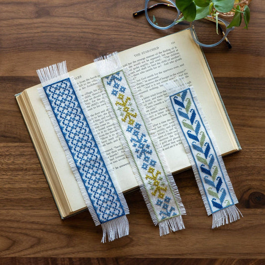 Folk Fabric Sampler Bookmarks Cross Stitch Kit - Blue and Gold