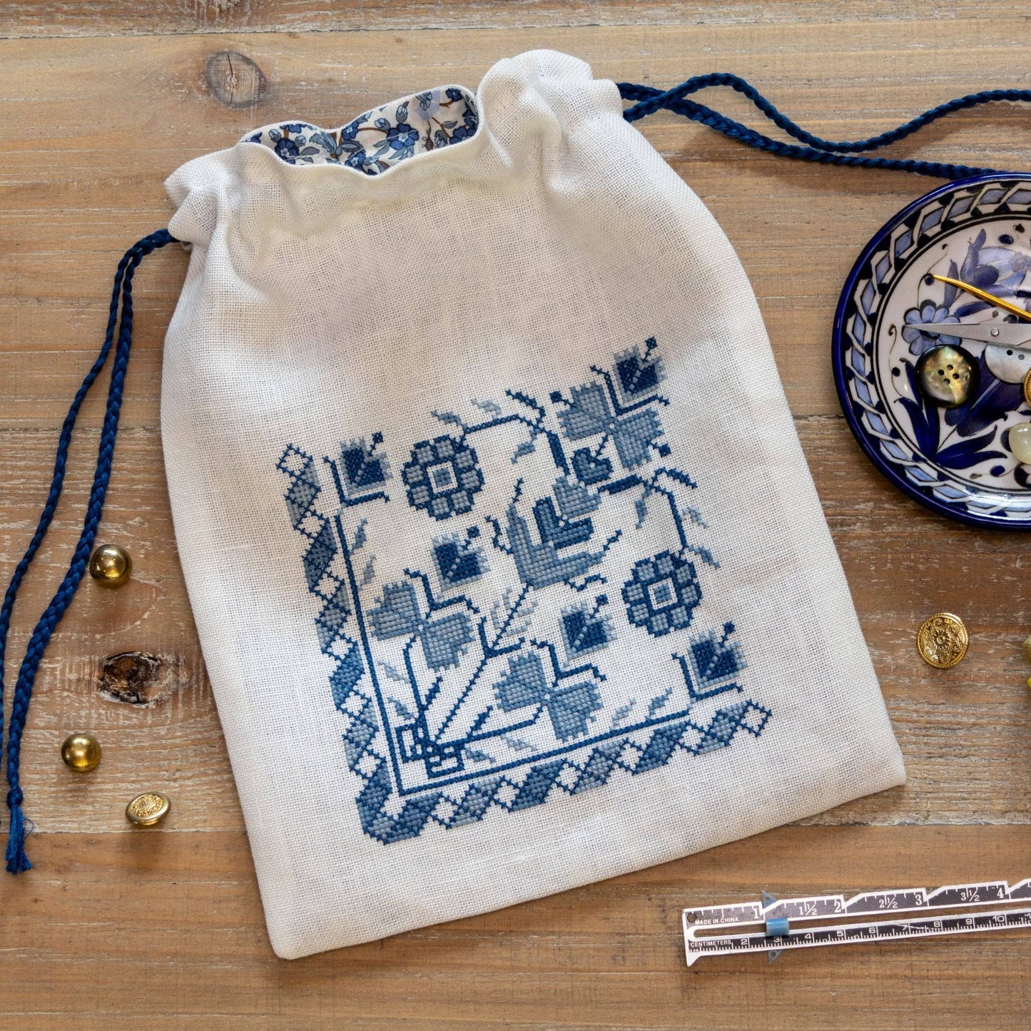 Blue Indigo Drawstring Bag Cross Stitch Kit