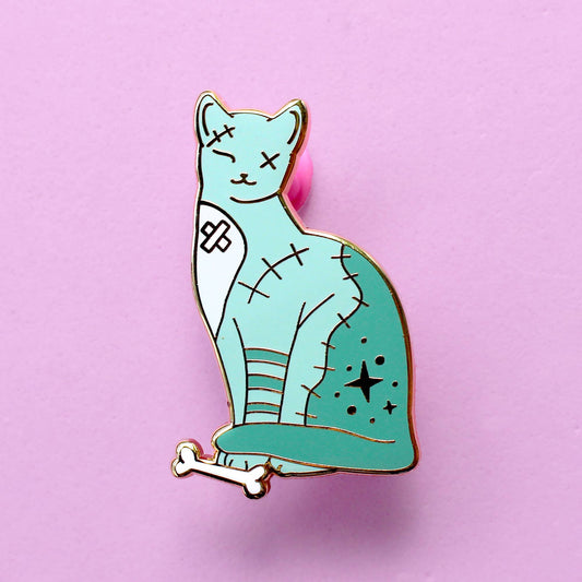 Halloween Zombie Cat Enamel Pin; spooky green cat gothic pin