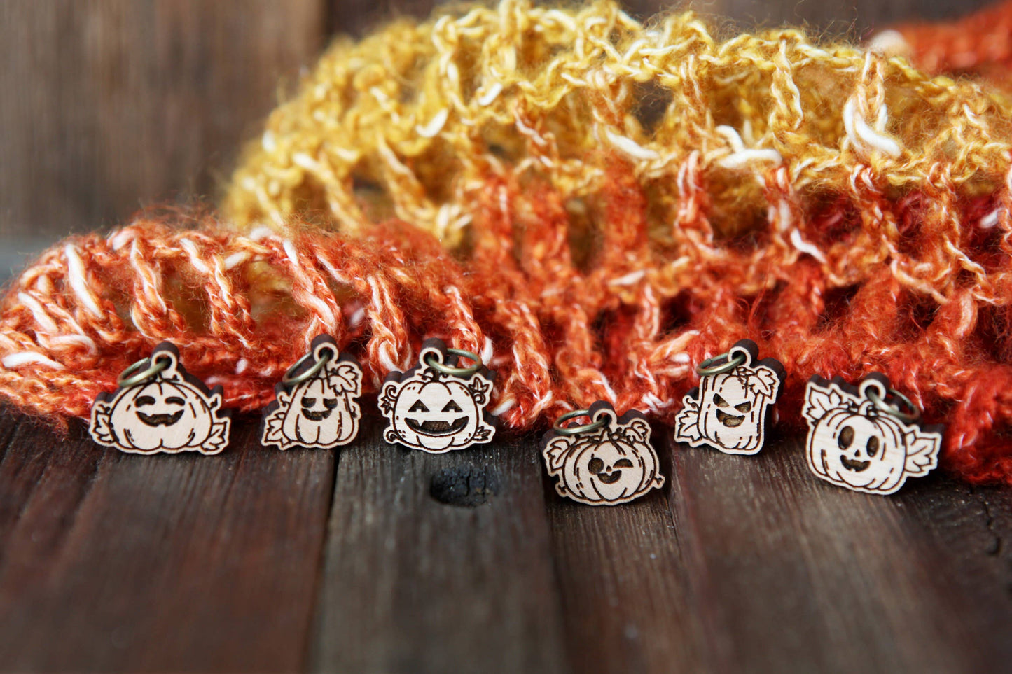 Pumpkin Jack-o'-lantern Cherry Wood Stitch Markers Set of 6